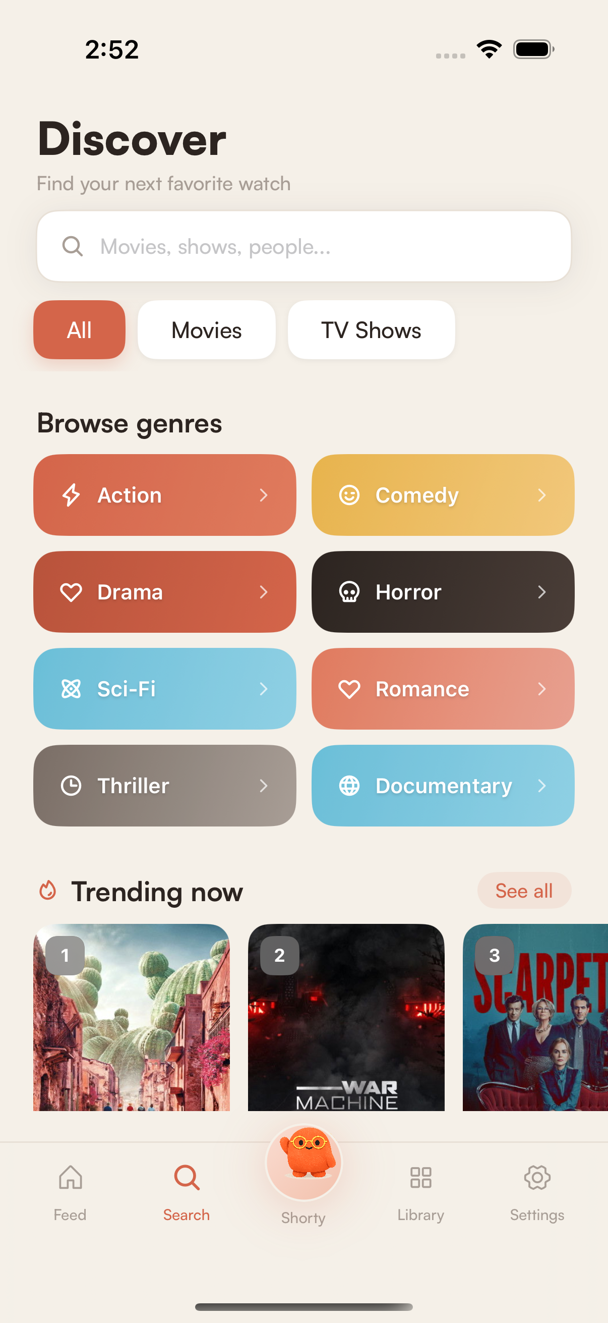 Discover — browse genres and trending content